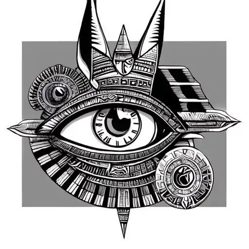 A Fusion Of Egyptian And Inka Symbolism, Featuring Anubis And all seing eye On in Machu Picchu and time tattoo design idea