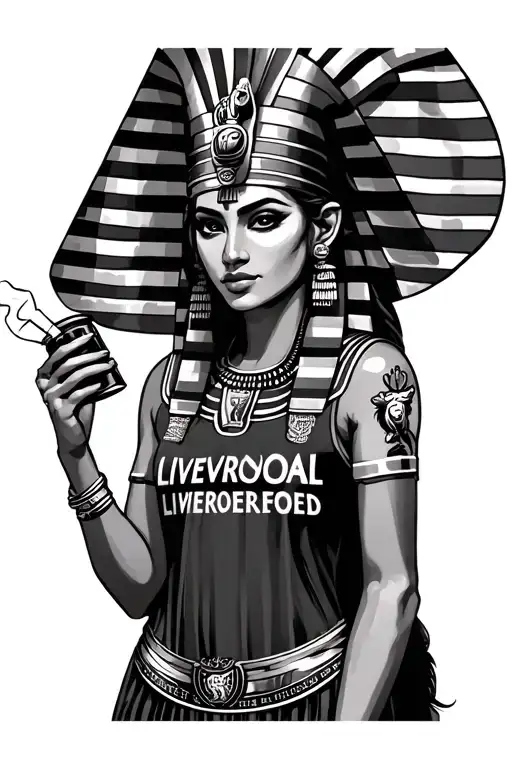 egyptian woman pharoah wearing liverpool jersey holding a joint. with a cute pet monkey to the side of her. fix head pie tattoo design idea