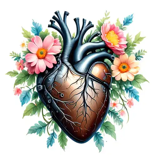 a mechanical heart with a steampunk aesthetic and delicate natural flowers growing from it tattoo design idea