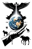 gods hand reaching down touching earth globe with eclipse and animals underneath and a cross tattoo design idea