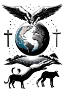 gods hand reaching down touching earth globe with eclipse and animals underneath and a cross tattoo design idea