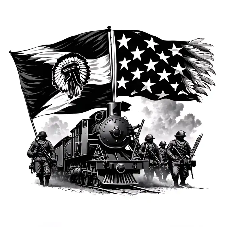rebel flags ans black train with rebel soldiers in the background and indian feathers tattoo design idea