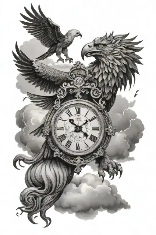 lion/eagle with a greek clock above it with clouds behind it and lightning tattoo design idea