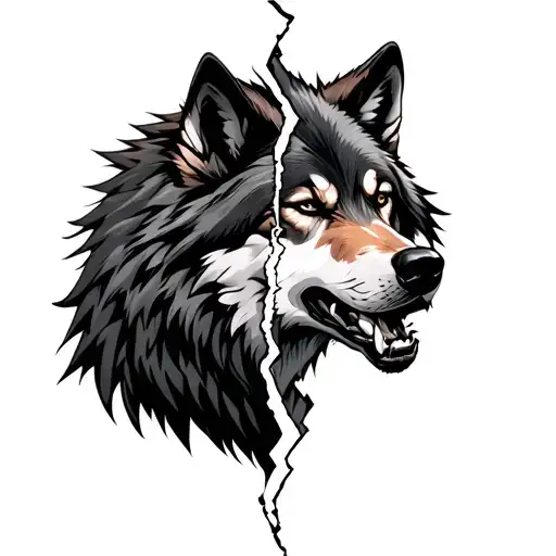 alpha wolf cut in half in the middle one side is fierce other side is cunning tattoo design idea