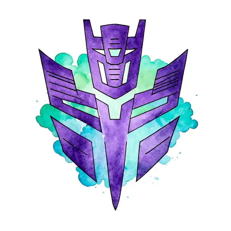 purple decepticon symbol with teal and green cloud around it tattoo design idea