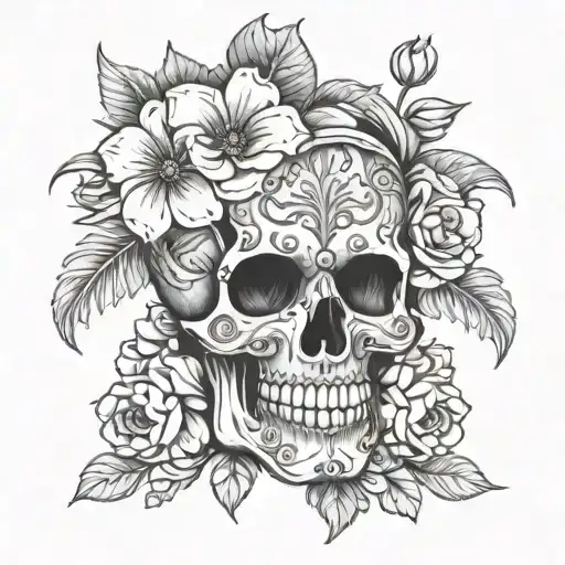 mexican skull and flowers wrapping tattoo design idea