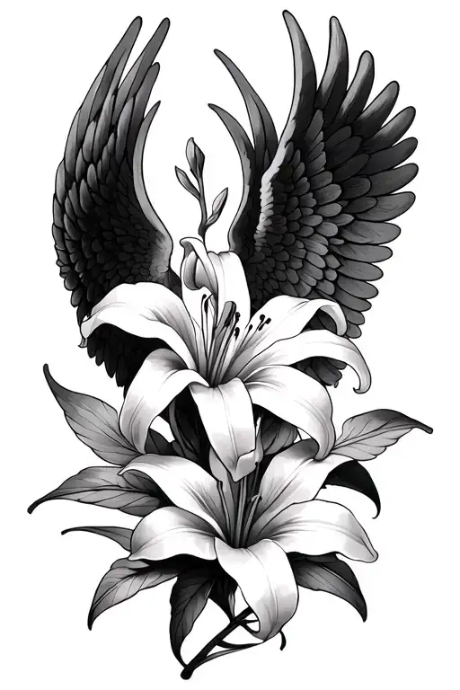tiger lily intertwined with angel wings tattoo design idea