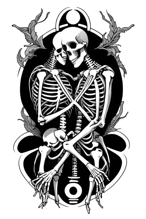 karma symbol within skeletons holding each other lovingly  tattoo design idea