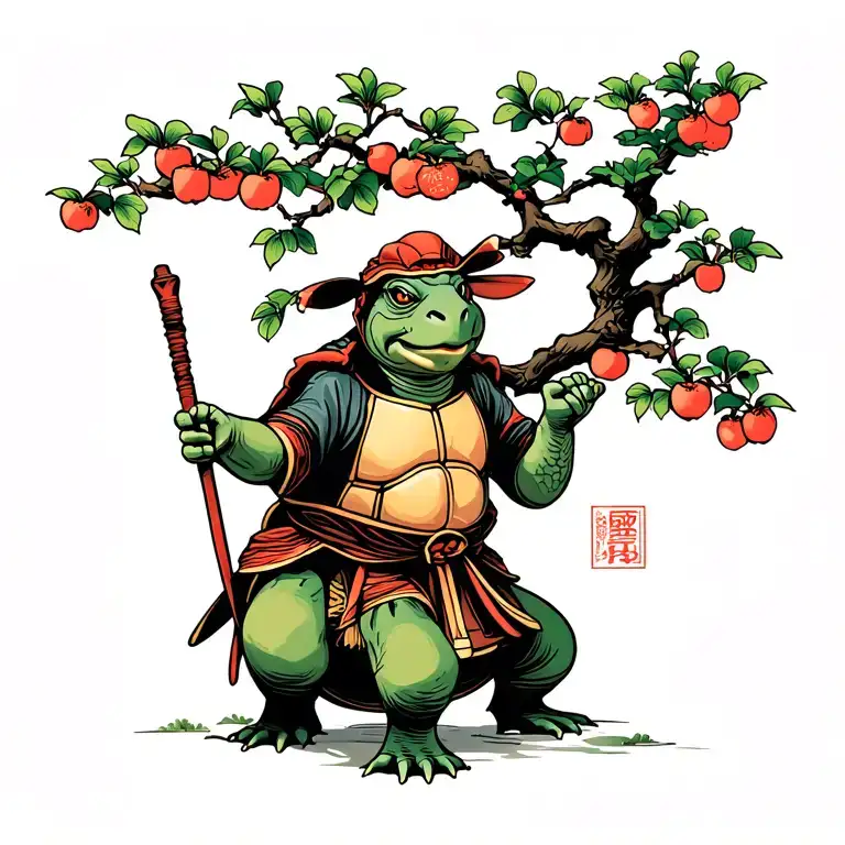 tortoise elderly kung fu turtle with staff at peach tree scene in mountain pass tattoo design idea