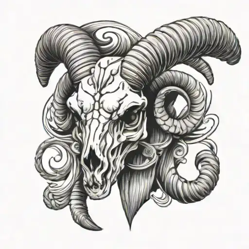 ram skull on chest with long horns that go onto neck tattoo design idea