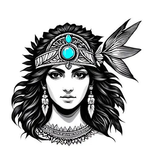 symbolic combo of Greek goddess, Mexican, Native American, turquoise stone, fish (Pisces), finding my identity  tattoo design idea