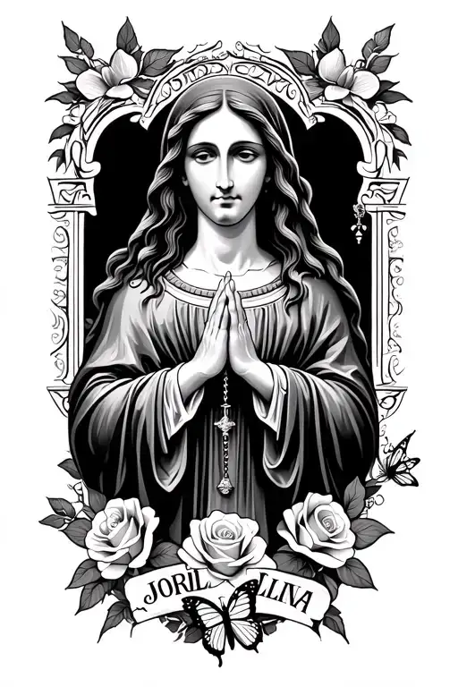 jesus, mother mary praying with the rosary, roses on the bottom, the name jordelina and a butterfly beside her name tattoo design idea
