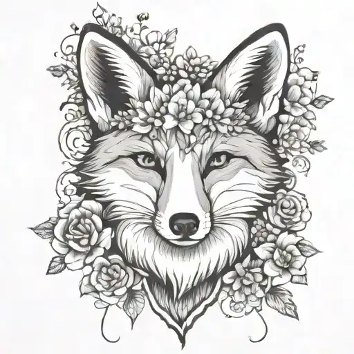 Black and white Fox with flowers surrounding tattoo design idea
