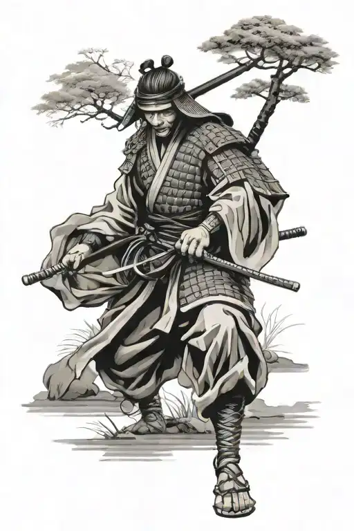 A black-grey tattoo of a samurai warrior practicing Jiu-Jitsu on a serene Japanese landscape tattoo design idea