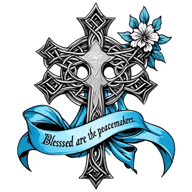Celtic Cross with ""Blessed are the peacemakers." written on a blue sash draped  on cross. tattoo design idea