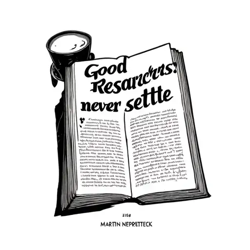 "Good researchers never settle" A large book with the name "Martin Neppersteck" on the front  tattoo design idea