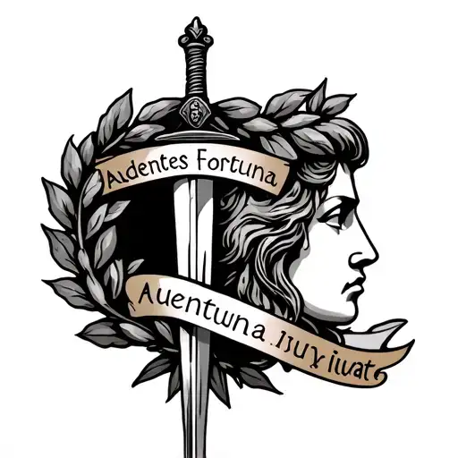 side-profile of roman laurel wreath, with a banner saying audentes fortuna iuvat and a sword tattoo design idea