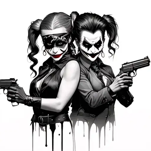  harley quin and joker with bandana face masks and guns tattoo design idea