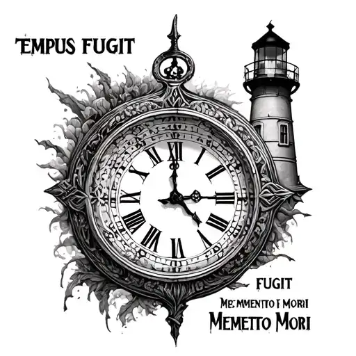 clock, text saying "Tempus Fugit Memento Mori", lighthouse tattoo design idea