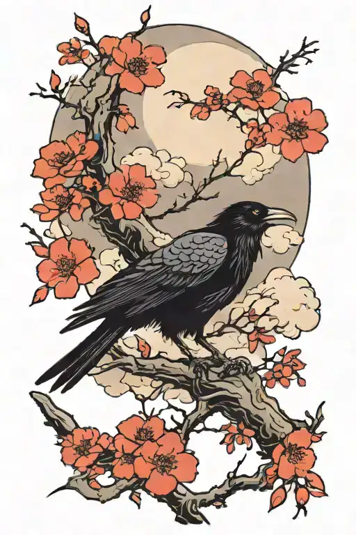 A black raven, holding a branch of sakura in its paws, above it the moon, a cloud, on the cloud the shadow of a boy tattoo design idea