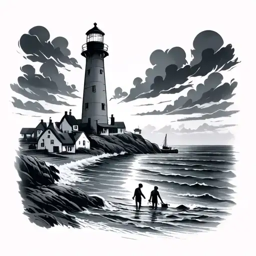 A black-grey tattoo of a lighthouse overlooking a fishing village, with your kids playing by the shore, symbolizing the safety and happiness they bring you amidst the vast ocean tattoo design idea