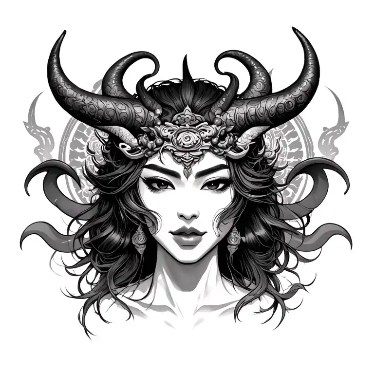 Oni Demon Mask girl asian tattoo design idea