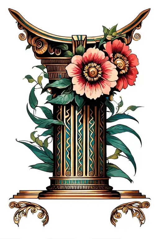 art nouveau egyptian column pillar topped with big flowers tattoo design idea