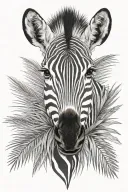 zebra head front view, hidden by a palm tree leaf tattoo design idea