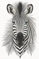 zebra head front view, hidden by a palm tree leaf tattoo design idea