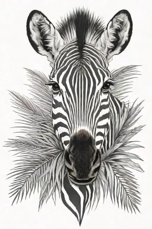 zebra head front view, hidden by a palm tree leaf tattoo design idea