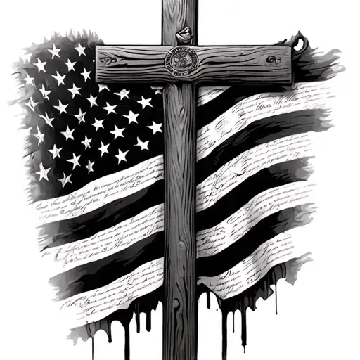 american flag fading into us constitution behind wooden cross over washington dc tattoo design idea