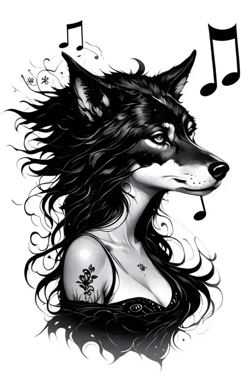 Wolf Luna Woman With Musical Notes tattoo design idea
