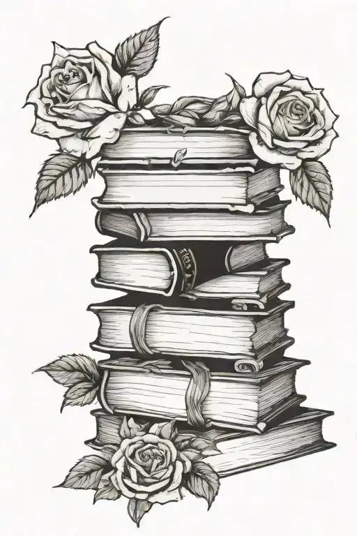 stack of books roses and fantasy landscape tattoo design idea