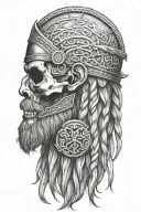 Norsemen Viking warrior skull, side profile, with long braided hair and long beard holding a shield containing Yggdrasil tattoo design idea