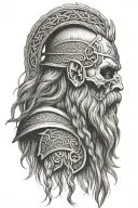 Norsemen Viking warrior skull, side profile, with long braided hair and long beard holding a shield containing Yggdrasil tattoo design idea