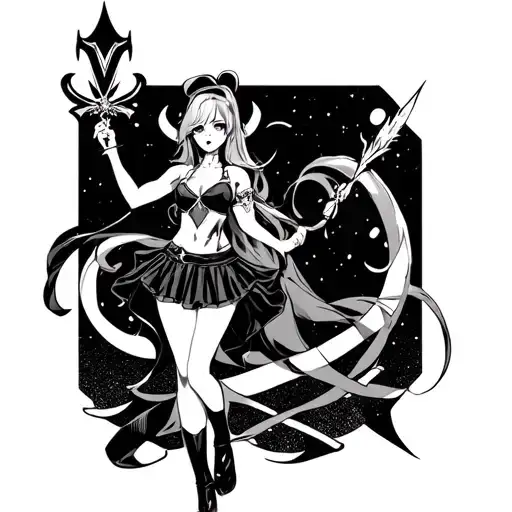 helix and dark magician girl wearing a mini skirt and holding a wand tattoo design idea