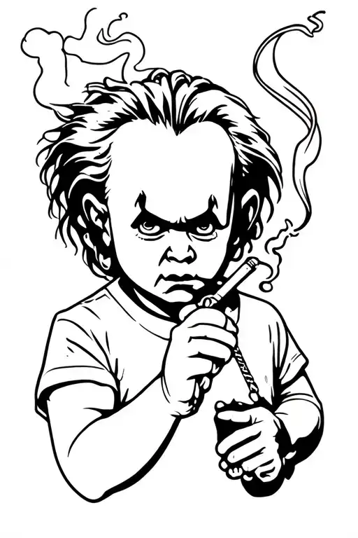 A minimalist design of Chucky smoking a joint tattoo design idea
