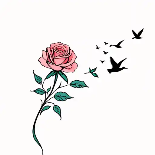 a rose transitioning into birds flying away tattoo design idea
