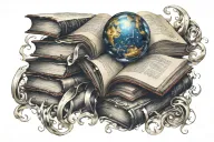 A galaxy swirling with books and scrolls representing knowledge and wisdoms tattoo design idea