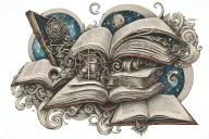 A galaxy swirling with books and scrolls representing knowledge and wisdoms tattoo design idea