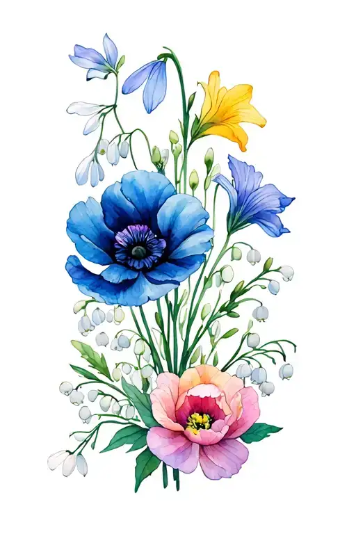 minimalist birth flower tattoo bouquet with a poppy, snowdrop, lily of the valley, peony, daffodil and morning glory tattoo design idea
