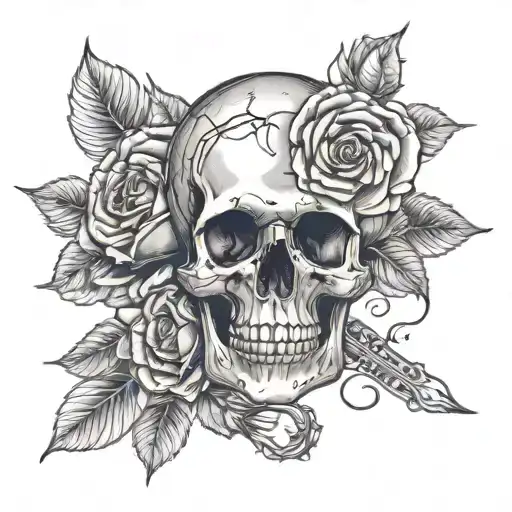 skull and money and roses blooming tattoo design idea