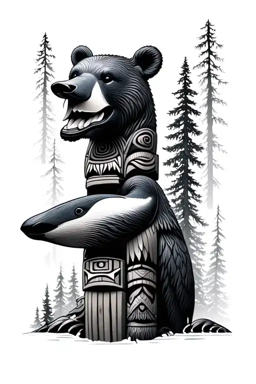 totem pole with loon, bear and forest tattoo design idea