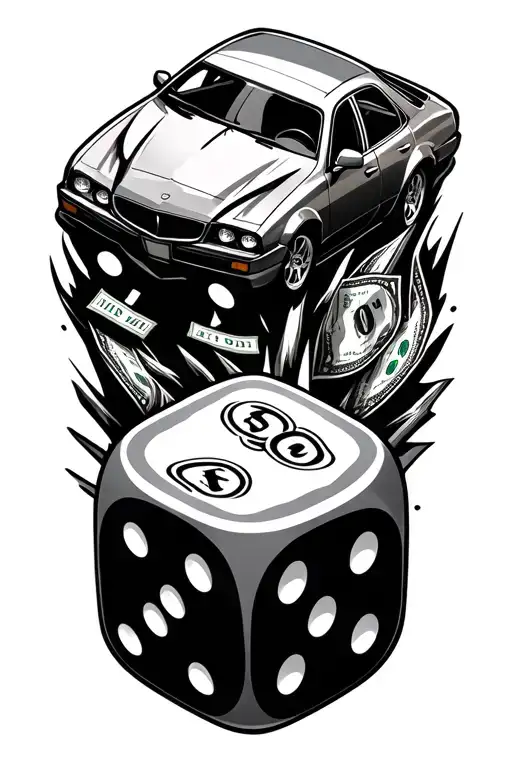 2 dice a car on road to money tattoo design idea