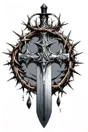 Cross looking like a sword with the crown of thorns hanging on the handle tattoo design idea