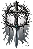 Cross looking like a sword with the crown of thorns hanging on the handle tattoo design idea