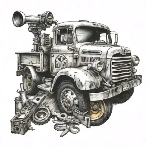 A tattoo of a vintage truck surrounded by various tools of the trade, representing your passion for remodeling and carpentry tattoo design idea