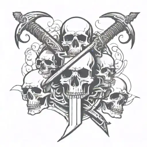 sword inside of 3 skulls tattoo design idea