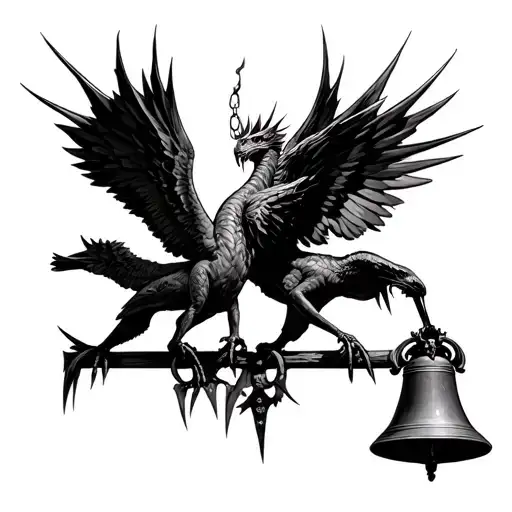 Harpies playing with spikes swinging at flat black church bells tattoo design idea