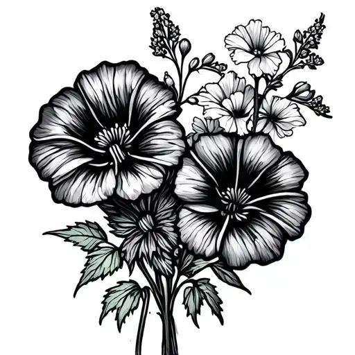 Simple Tiny bouquet with 1 geranium, morning glory, statice flowers in fine line drawing  tattoo design idea